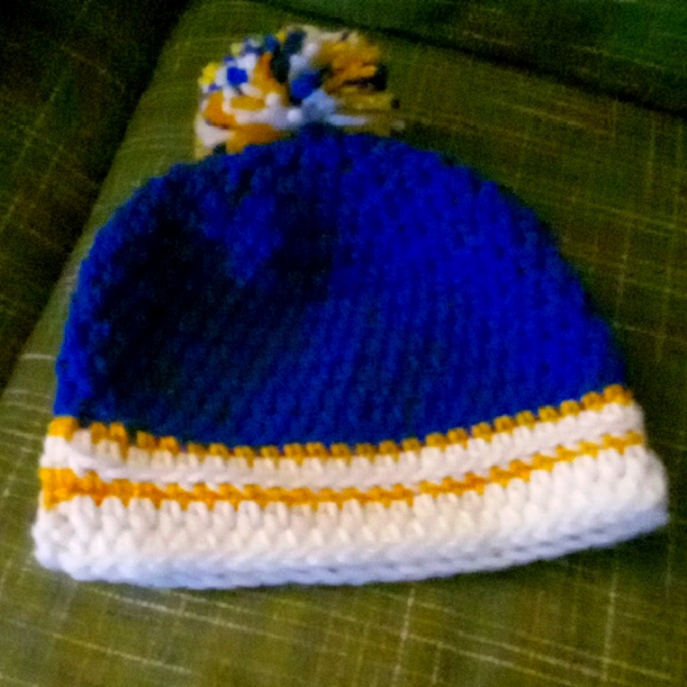 Handmade Blue and White Knit Beanie with Pom-Pom